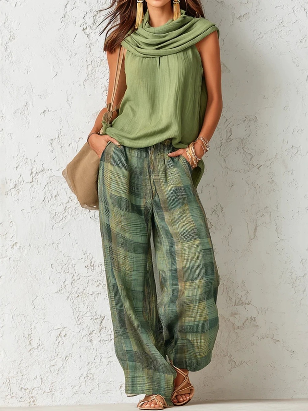 Sleeveless Cowl Neck Top and Plaid Wide-Leg Pant Set